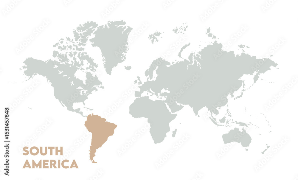Naklejka premium Vector world map with South America-11, Map of South America, highlighted on the world map, South America on the world map, Satellite view, South America's location on the globe.