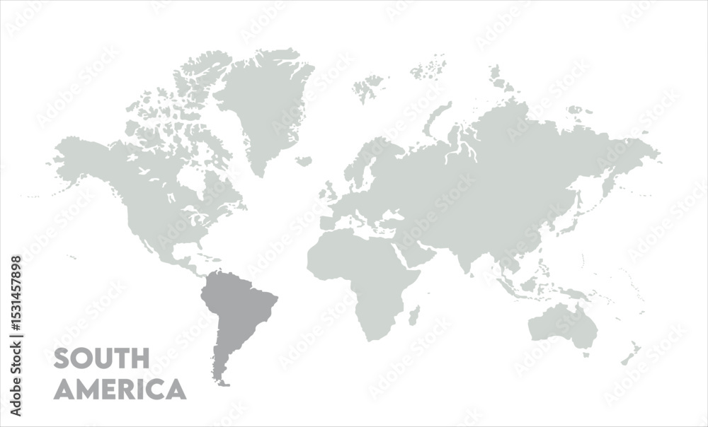 Naklejka premium Vector world map with South America-12, Map of South America, highlighted on the world map, South America on the world map, Satellite view, South America's location on the globe.