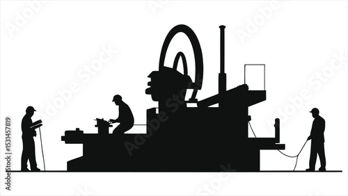 (Machine Operators)Vector Industrial workers operating machinery in Vector silhouette./A silhouette of industrial machinery with three workers.