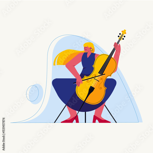 A cartoon flat vector illustration of a character playing an instrument