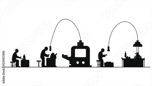 (Machine Operators)Vector Silhouette illustration of workers in a manufacturing process./This vector displays a simple, silhouette illustration of workers in various stages of a manufacturing