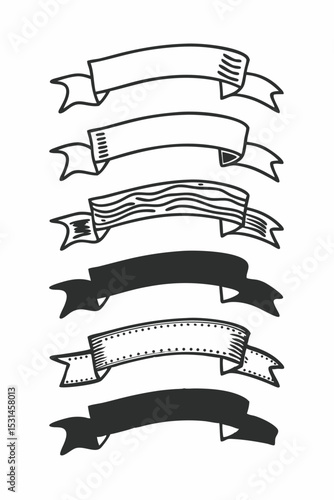 Hand-Drawn Ribbon Banners and Labels Outline Collection. Classic, Award, Old Style, Border, Frame, and Design Elements. Black and White.