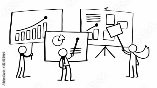 Sketchy Team Collaboration and Reporting Outline Illustration. Participatory Organization Development, Growth, Progress, and Information Elements. Black and White.