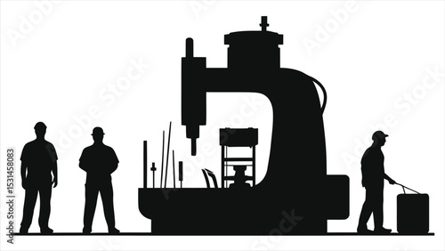 (Machine Operators)Vector Silhouette of industrial workers operating a machine/A black and white silhouette vector depicts three workers interacting with a large industrial machine.
