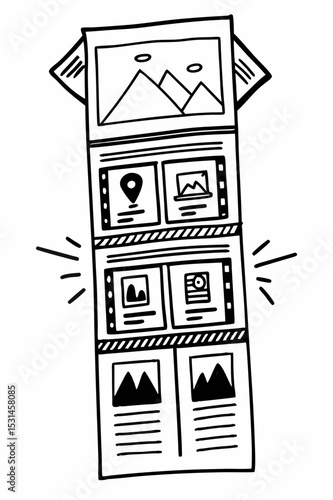 Hand-Drawn Website Layout Design. Doodle, Sketch, Web Page, UI UX, Wireframe, Responsive, Content, and More. Outline Vector Icon.