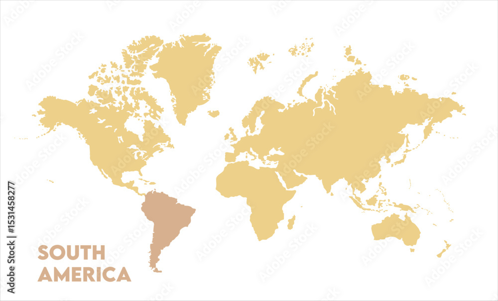 Naklejka premium World map with South America focus-02, Map of South America, highlighted on the world map, South America on the world map, Satellite view, South America's location on the globe.