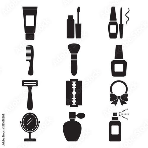 Black Silhouette Vector of Various Cosmetics Items Collection