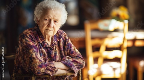 Elderly woman with confused expression sitting alone in empty room, empty chair symbolizing loneliness and memory loss, aging and dementia care concept.