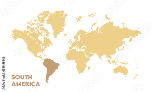 World map with South America focus-14, Map of South America, highlighted on the world map, South America on the world map, Satellite view, South America's location on the globe.