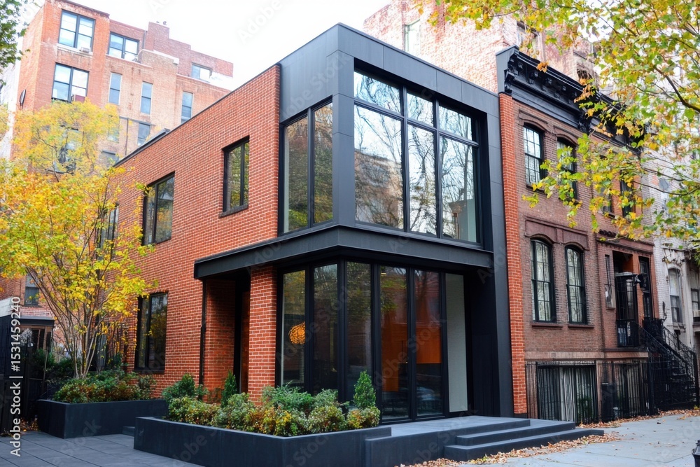 Naklejka premium Modern architectural design of a brick house contrasted with traditional buildings in an urban neighborhood during autumn afternoon