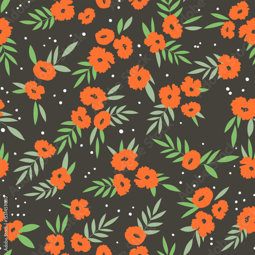Seamless floral pattern based on traditional folk art ornaments. Colorful flowers on color background. Scandinavian style. Sweden nordic style. Vector illustration. Simple minimalistic pattern.