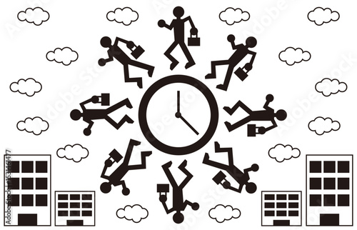 日本の社会問題、働きすぎの「残業」をテーマにした白と黒のベクターのイラストをデザインした壁紙、背景