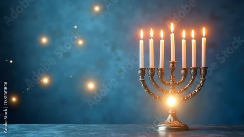 Traditional menorah with lit candles against a blue background  