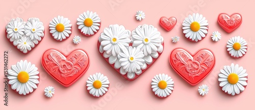 Pink background features numerous coral hearts and daisies arranged symmetrically