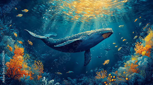 Whale in Ocean: A awe-inspiring illustration of whale swimming peacefully through a vibrant ocean, surrounded by a kaleidoscope of marine life.