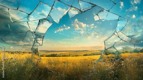 A serene landscape view through a broken glass pane, showcasing golden fields under a vibrant sky