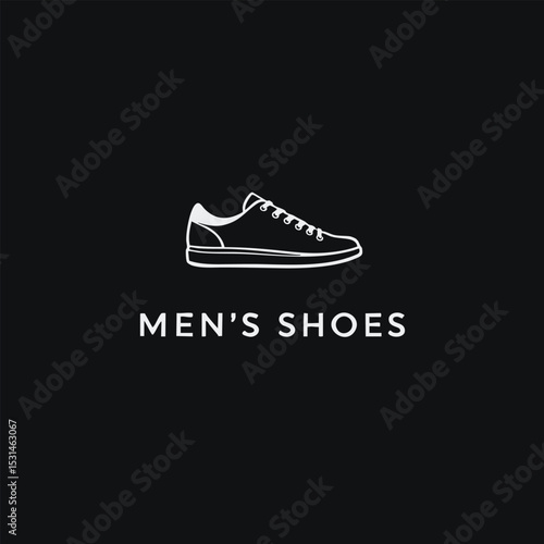 minimalist white outline of a classic sneaker above the bold text "MEN'S SHOES" on a plain black background, ideal for footwear branding.