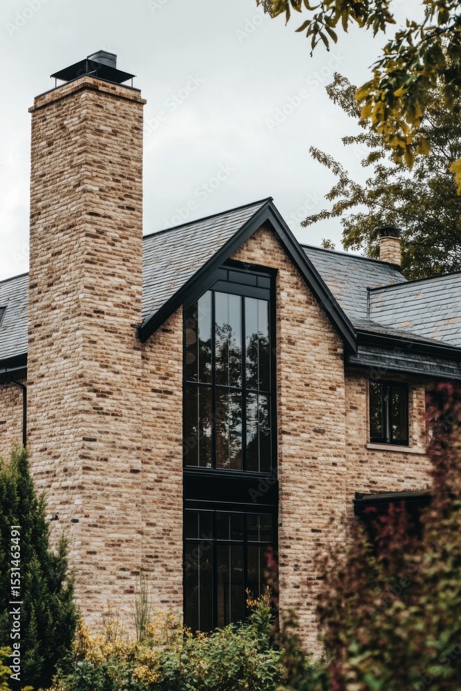 Fototapeta premium This contemporary brick home boasts a striking tall chimney and expansive windows, all enveloped by vibrant, lush greenery under a cloudy sky