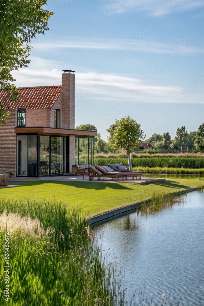 Obraz premium Modern house by a tranquil lake surrounded by lush greenery in the afternoon sun with minimalist design and spacious outdoor area for relaxation