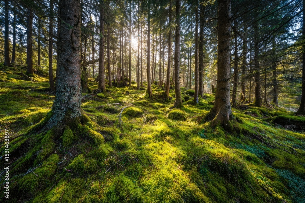 Fototapeta premium Sunlight streams through a dense mossy forest
