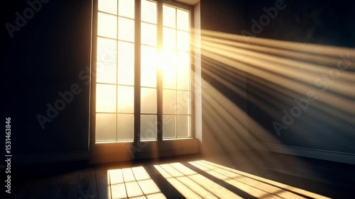 Sunlight streams through window illuminating empty room with hardwood floors, creating shadow patterns against textured wall, light and shadow interplay.