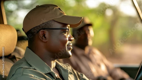 Experienced African safari tour guides driving through the wilderness during sunset, African Safari Tour Guides Driving Vehicle on Dirt Road
