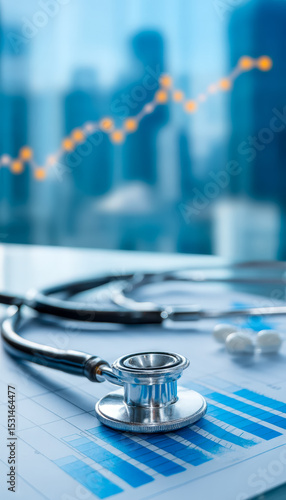 Medical stethoscope and health data analysis with rising financial graph background