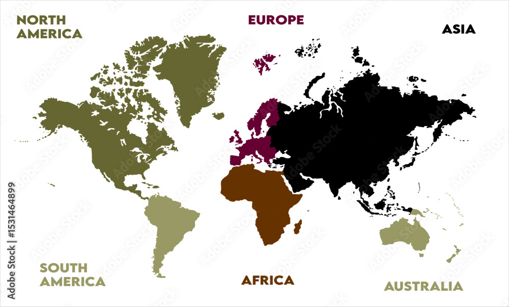 Naklejka premium New modern world map, with names, Europe, Africa, Asia, Australia, North America, and South America world map graphic, Countries Silhouettes Stock Illustrations, Vectors