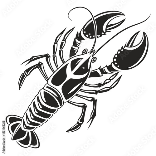 A bold black lobster gracefully stretches out its claws in detailed artistic portrayal