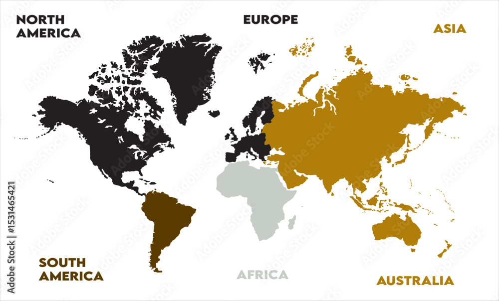 Fototapeta premium New modern world map, with names, Europe, Africa, Asia, Australia, North America, and South America world map graphic, Countries Silhouettes Stock Illustrations, Vectors