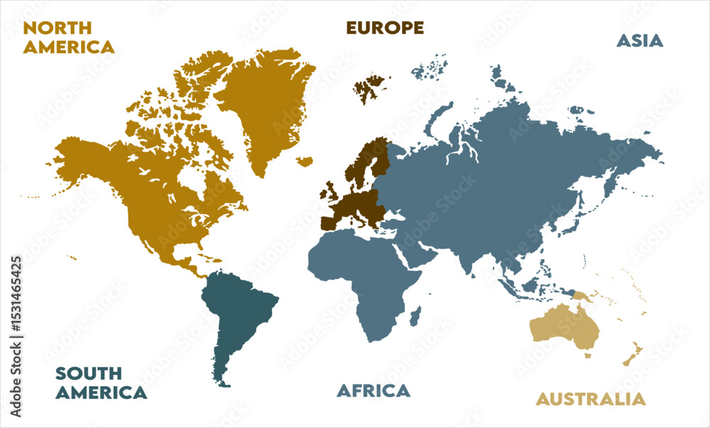 Obraz premium New modern world map, with names, Europe, Africa, Asia, Australia, North America, and South America world map graphic, Countries Silhouettes Stock Illustrations, Vectors