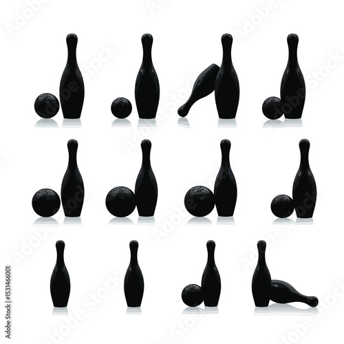 Black silhouette bowling pins set various positions