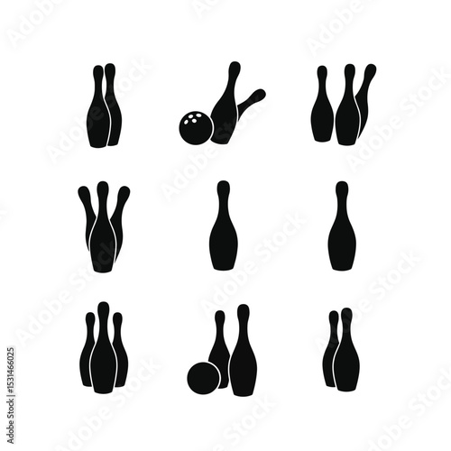 Bowling set silhouettes various positions pins ball