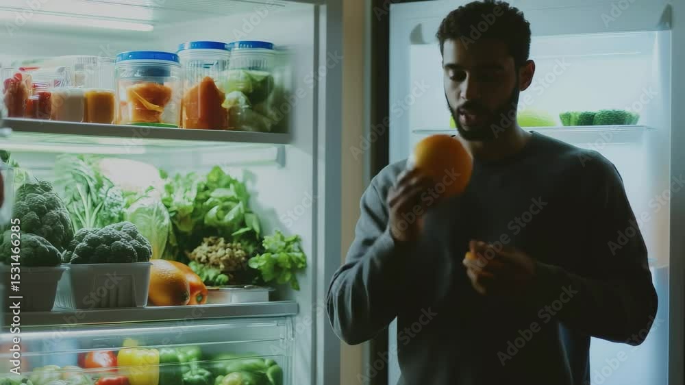 Indoor timelapse of a man selecting fresh vegetables from a well-stocked fridge at night, Indoor shot of full fridge, timelapse of man taking fruit and vegetables out of the fridge Indoor timelapse of a man selecting fresh vegetables from a well-stocked fridge at night, Indoor shot of full fridge, timelapse of man taking fruit and vegetables out of the fridge