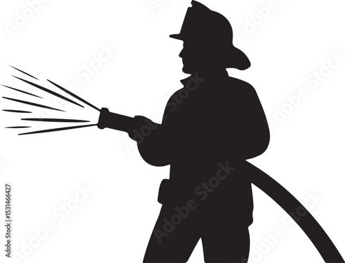 Firefighter Silhouette Spraying Water With Hose Isolated On White Background Illustration.