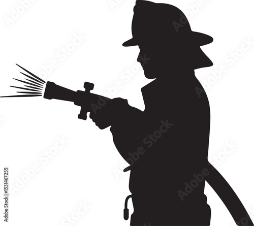 Firefighter Silhouette Spraying Water With Hose Ready To Extinguish Flames And Danger.