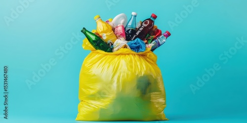 Overflowing yellow garbage bag with colorful plastic waste against blue background