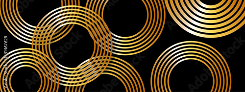Abstract luxurious geometric pattern  concentric golden circles and curved gold lines on a deep black background. Flowing parallel arcs, giving a sense of elegance, symmetry, and movement. 