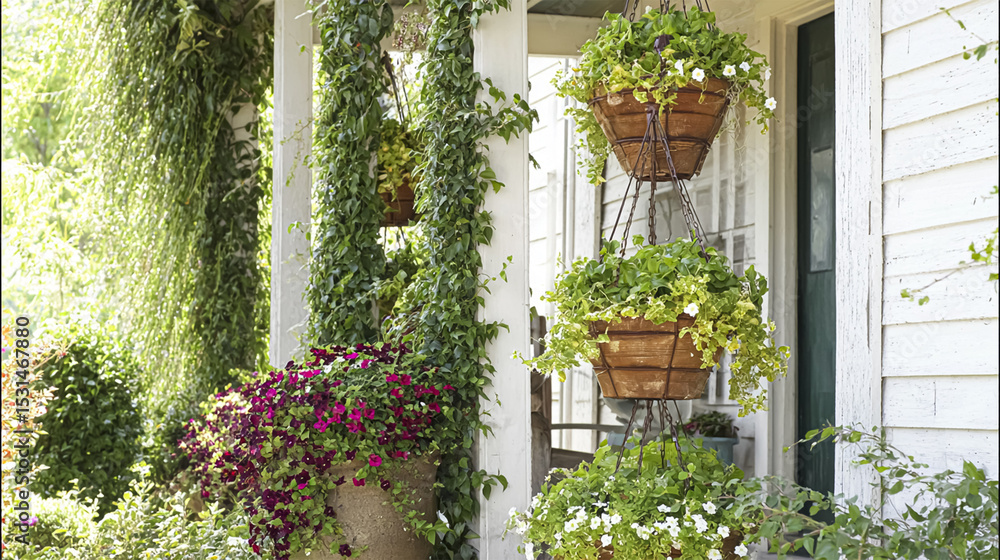 Naklejka premium Hanging Flower Pots with fence.
