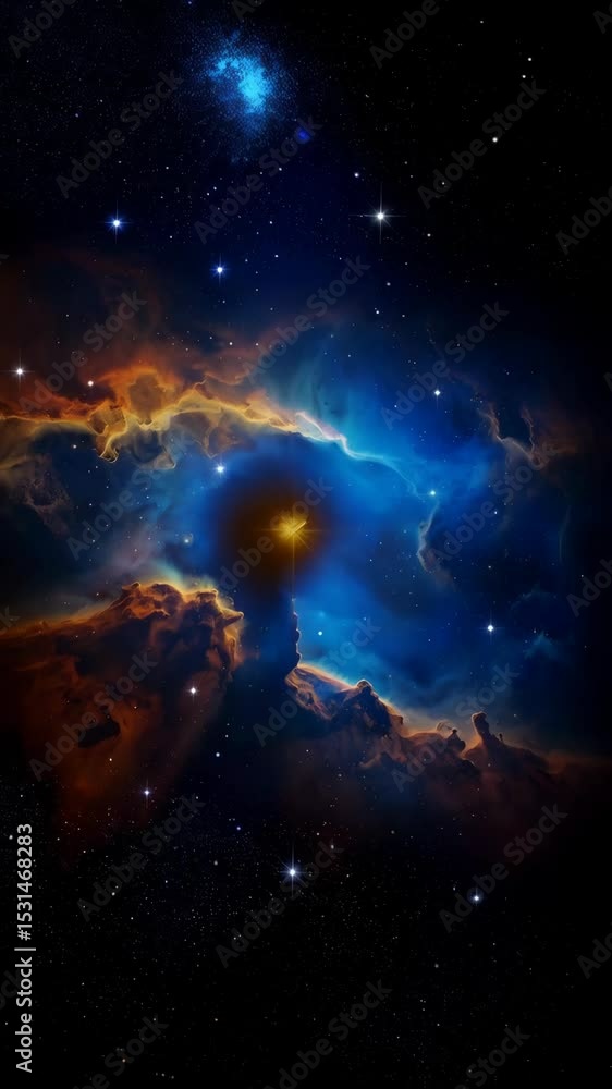 Majestic cosmic nebula cloud glowing with orange and blue light in a starfield Majestic cosmic nebula cloud glowing with orange and blue light in a starfield