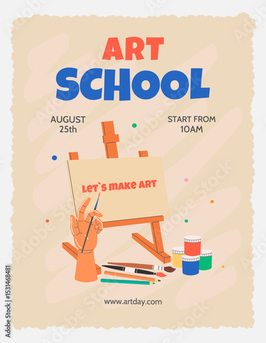 A poster template for art schools, studios, painting courses, and creative workshops. Art supplies for creativity: easel, pencils, paints, brushes. Flat vector illustration.