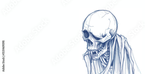 A drawing of a skull in blue tones with a beaten look.