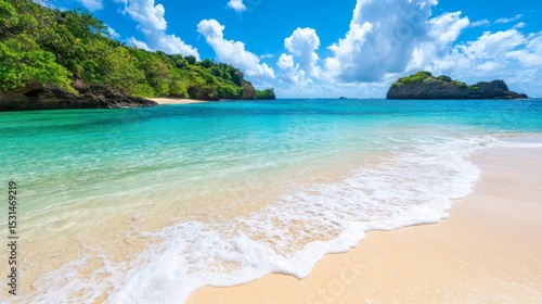 Fototapeta Naklejka Na Ścianę i Meble -  Crystal Clear Turquoise Ocean Water With White Sand Beach Under Cloudy Sky