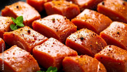 Raw marinated pork. Spicy marinade. Tasty food. Fresh meat pieces for BBQ. Culinary and culinary