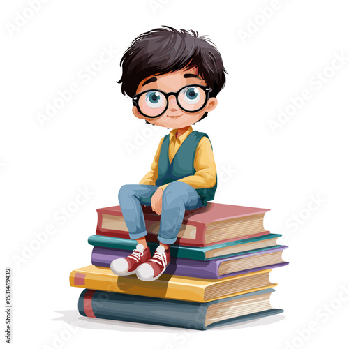 Cartoon boy with glasses sitting on books, vector illustration
