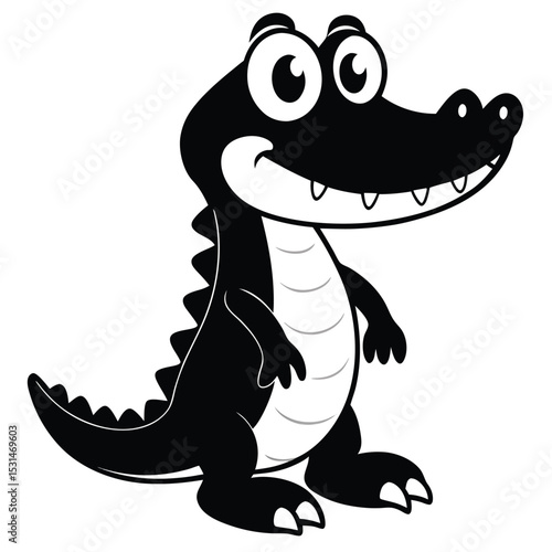 Animated crocodile stands happily, displaying its teeth, with a fun, comical demeanor
