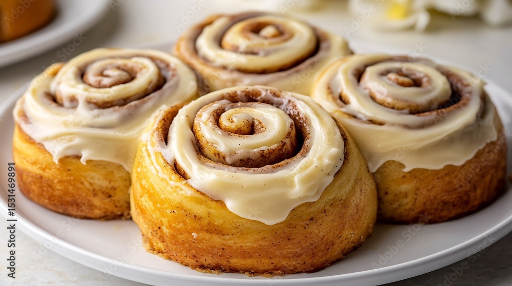 Fototapeta premium Cinnamon rolls with cream cheese icing spiral layers visible white plate overlay cut out on isolated transparent removed background