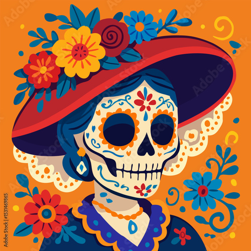 Catrina Calavera. Female sugar skull. Mexican Day of the Dead. Vector decorative illustration