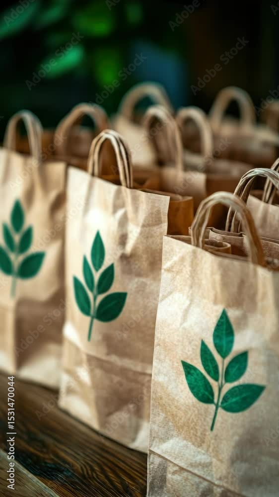Close-up view of eco-friendly paper bags with natural textures and green accents, highlighting sustainable packaging and environmental responsibility for eco-conscious buyers. Close-up view of eco-friendly paper bags with natural textures and green accents, highlighting sustainable packaging and environmental responsibility for eco-conscious buyers.
