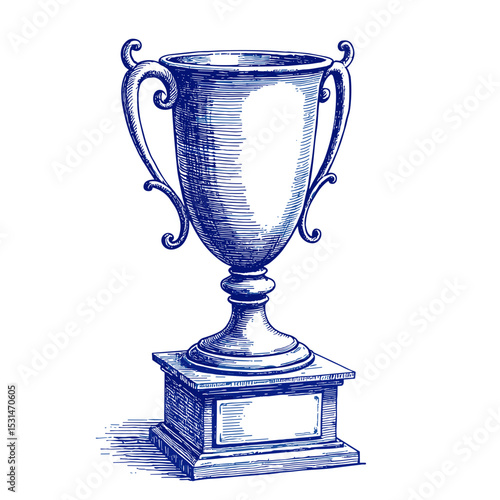 Literature award Vintage sketch done in blue ink on a white background, trophy representation for recognition and achievement